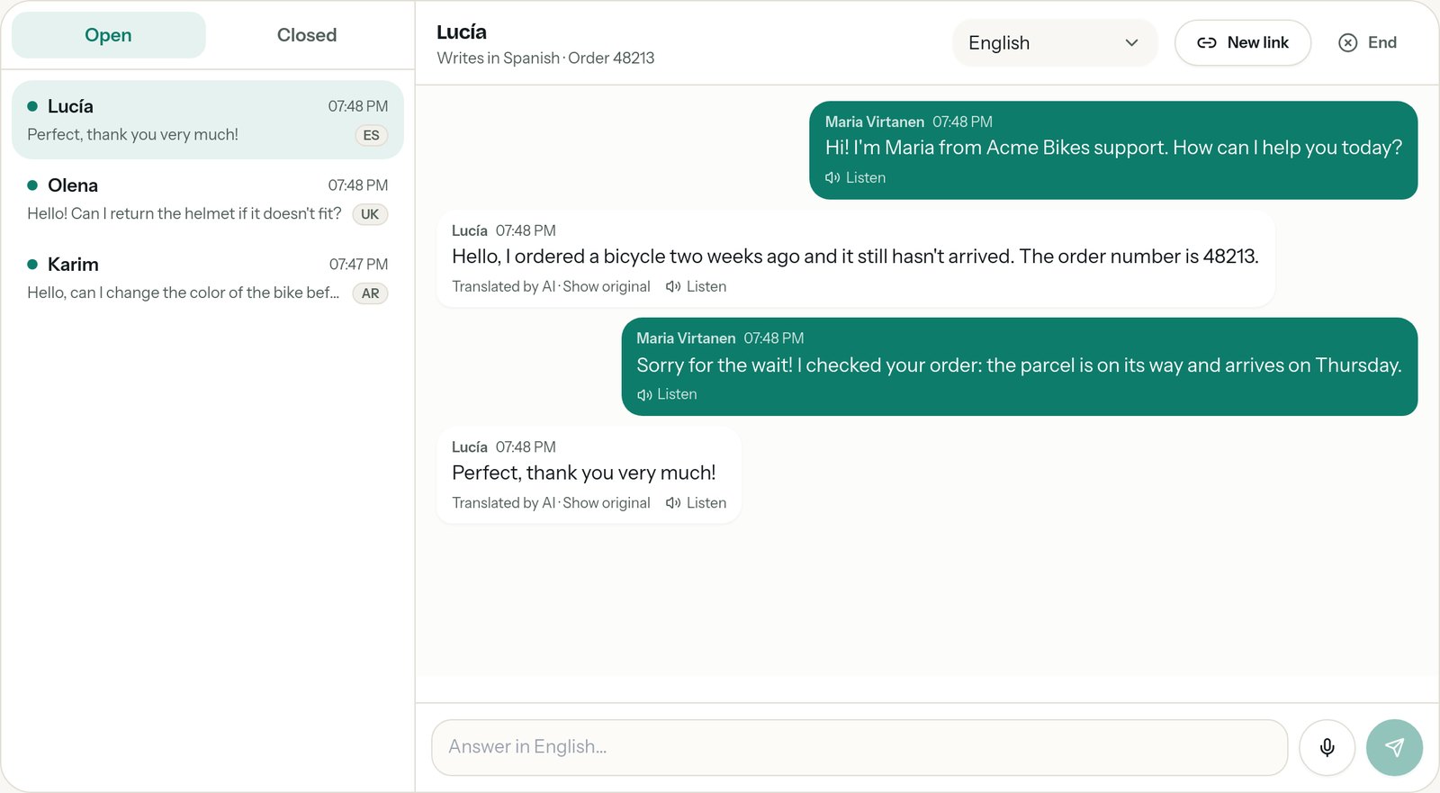 The support desk: open conversations on the left, each with the customer's language, and the selected conversation translated into English on the right.