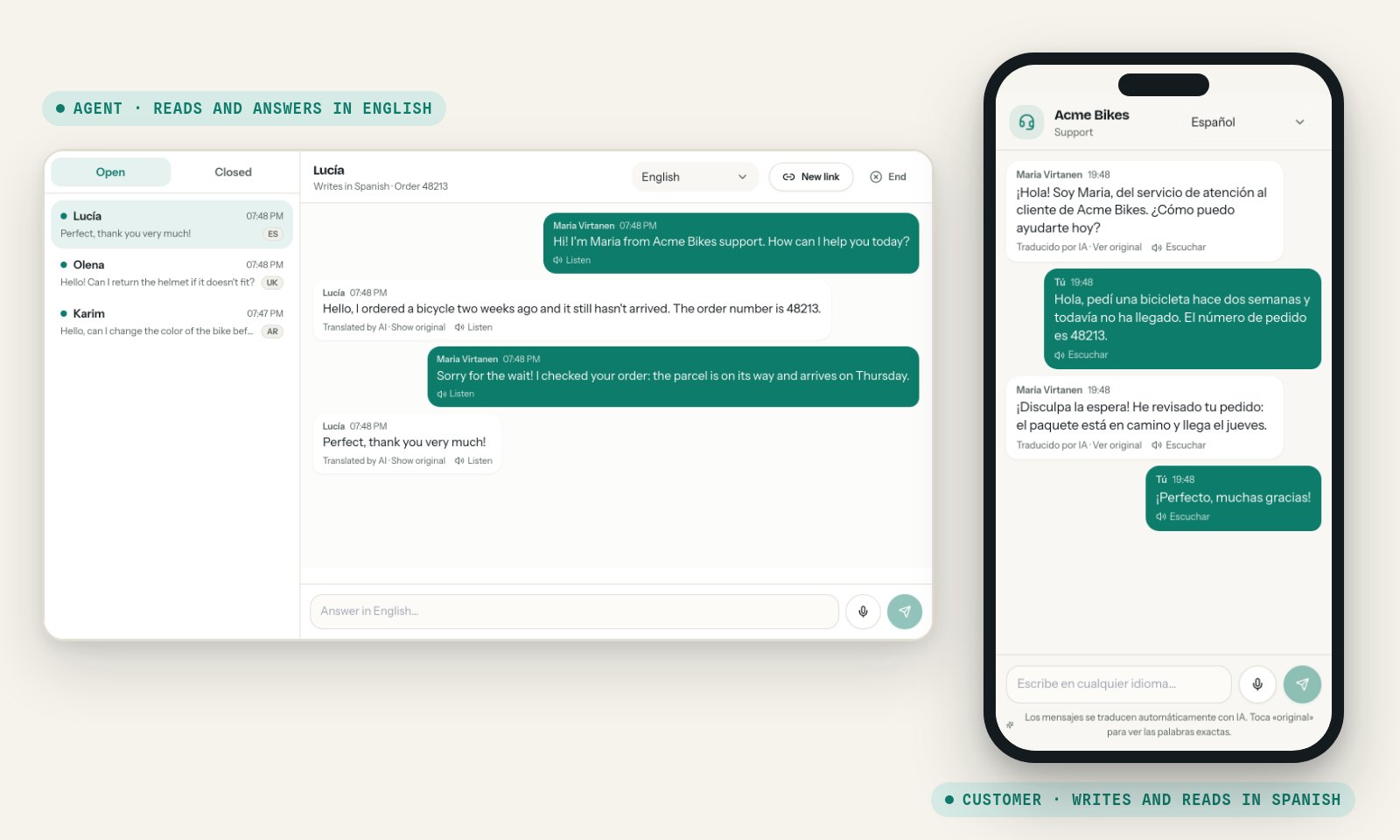 One conversation, two languages: the agent reads and answers in English, while the customer writes and reads in Spanish.